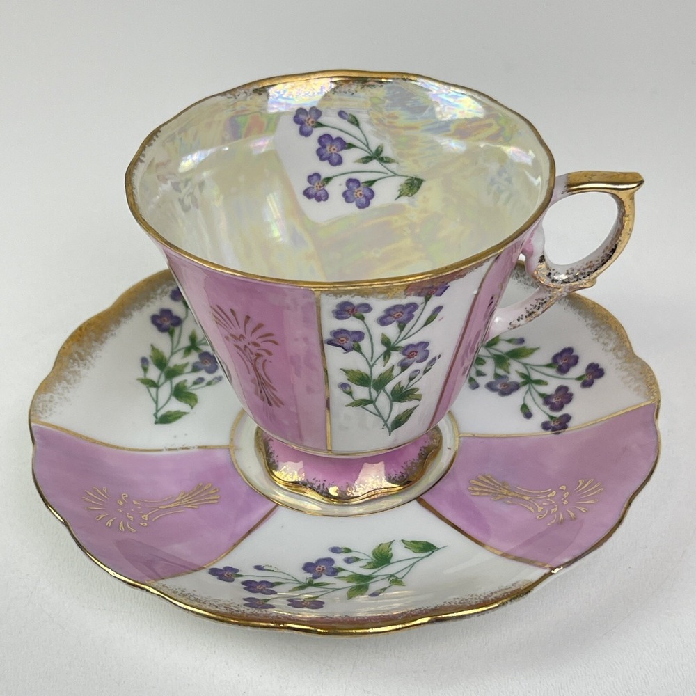 Vtg Sterling China Pink White Gold Opalescent Teacup Saucer Purple Flowers